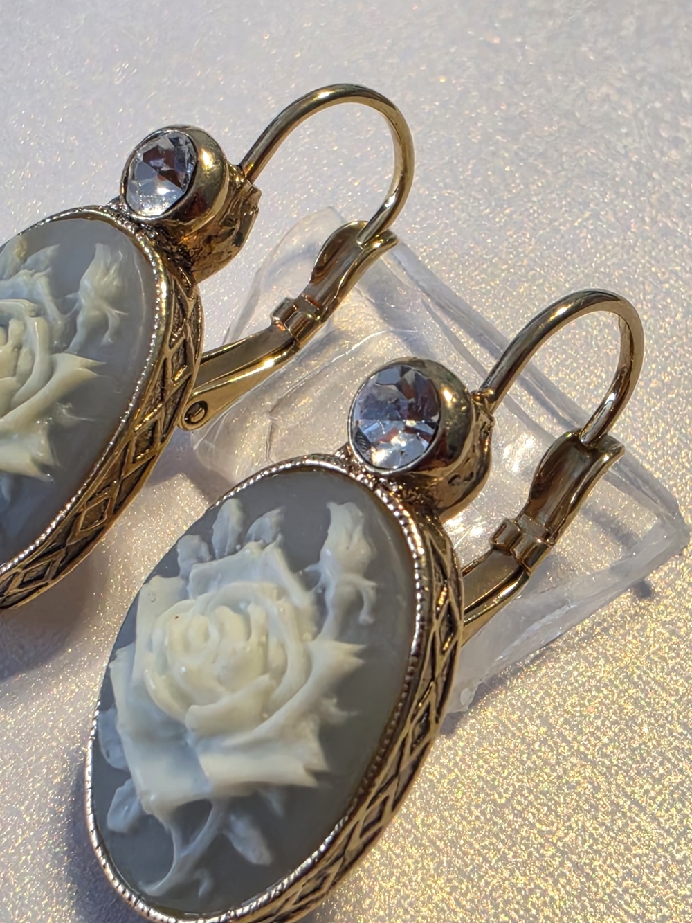 Avon Gold-Tone Cameo Rose Drop Earrings - Ivory Rose on Blue Gray - Picture 7 of 10